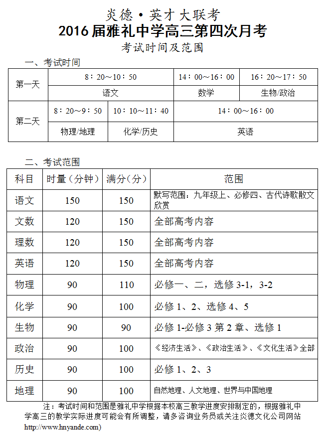 炎德英才大聯(lián)考雅禮中學(xué)2016屆高三第4次月考考試時間和范圍