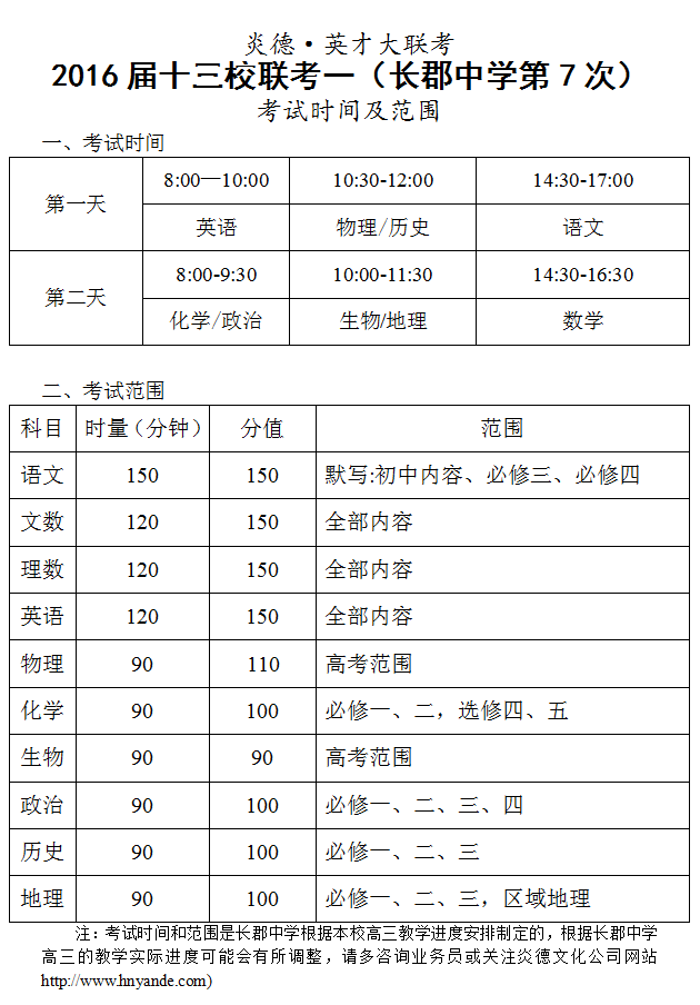炎德英才大聯(lián)考2016屆高三十三校聯(lián)考一（長郡第7次）考試時間和范圍